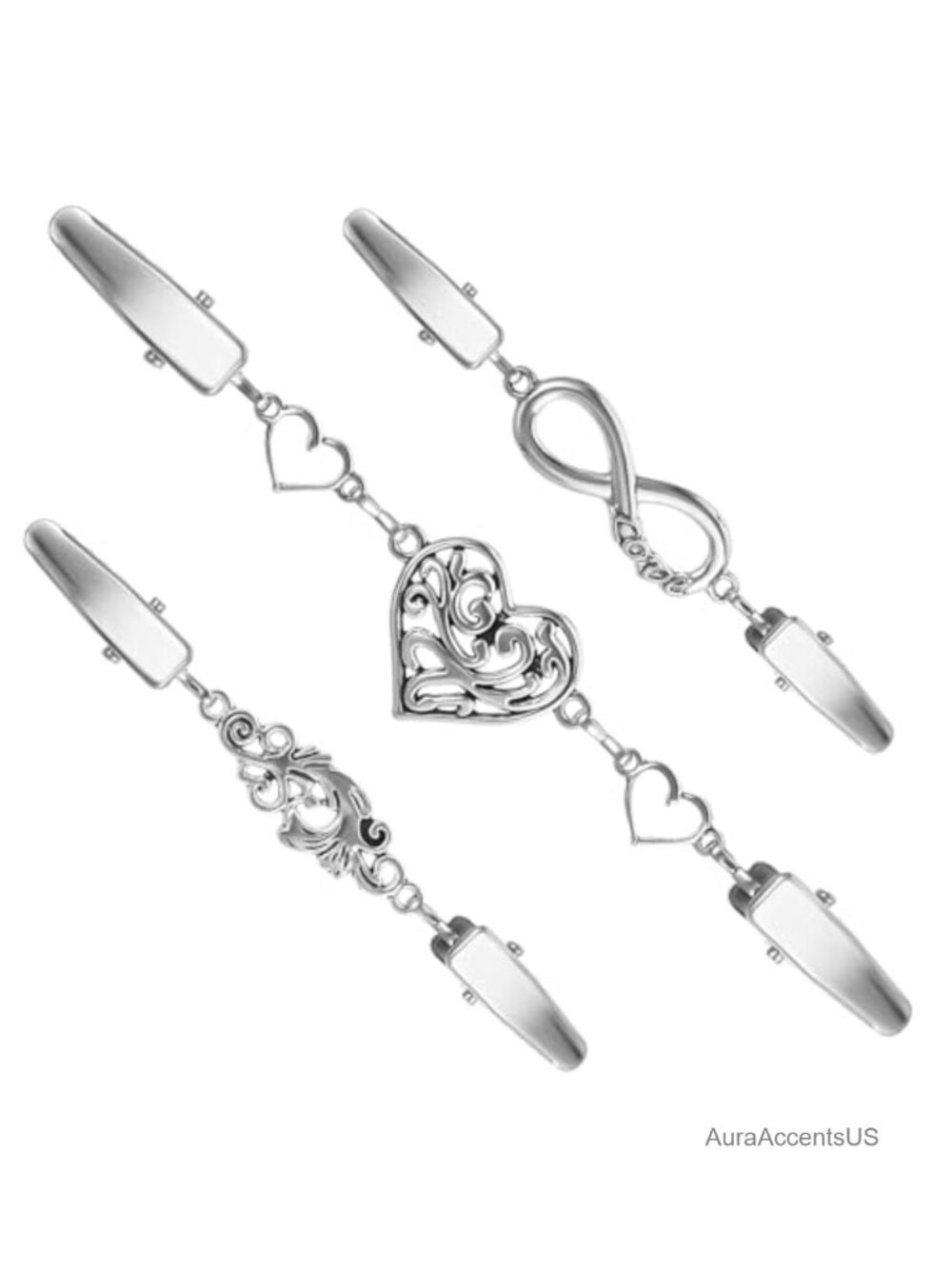 3 Vintage Sweater Chain Clips Set Iron Alloy Cardigan Shawl Cinch Brooch